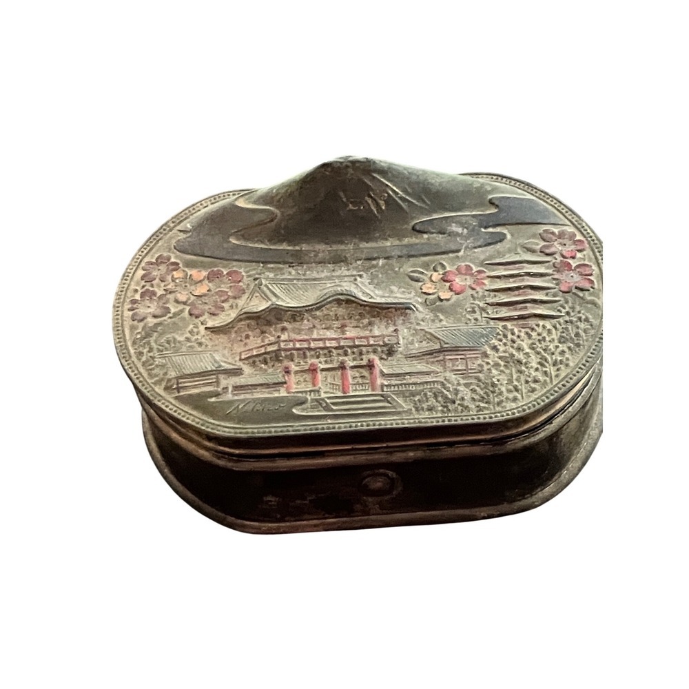 Vintage Japan Fuji Pagoda Trinket Scenic Keepsake Box Small Silver Oval Hinged - Picture 1 of 7